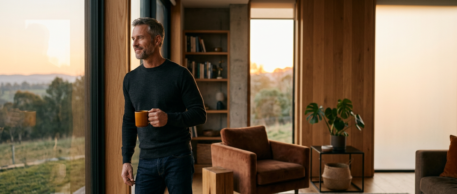 Man enjoying a focused morning wellness routine